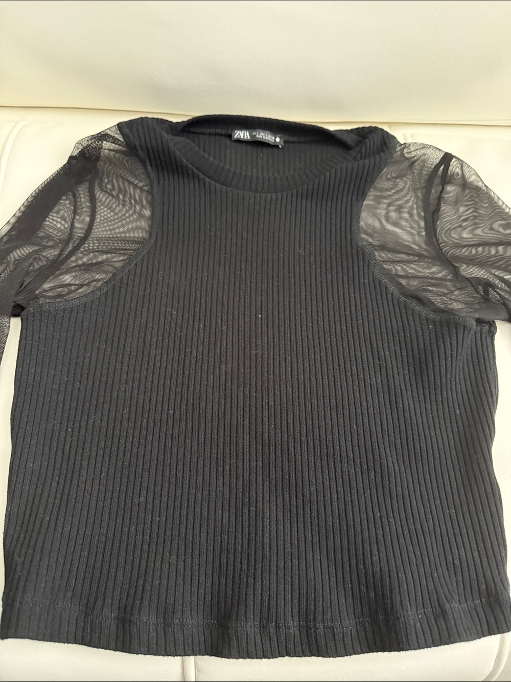 Zara Black Ribbed Top with Sheer Mesh Long Sleeves - Picture 5 of 5